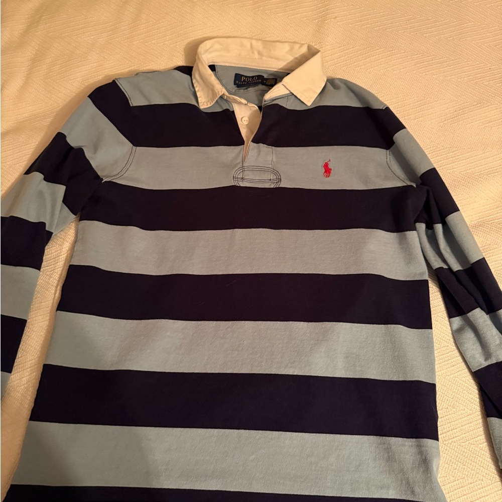 Ralph Lauren Men's Light Blue & Navy Striped Rugby Polo